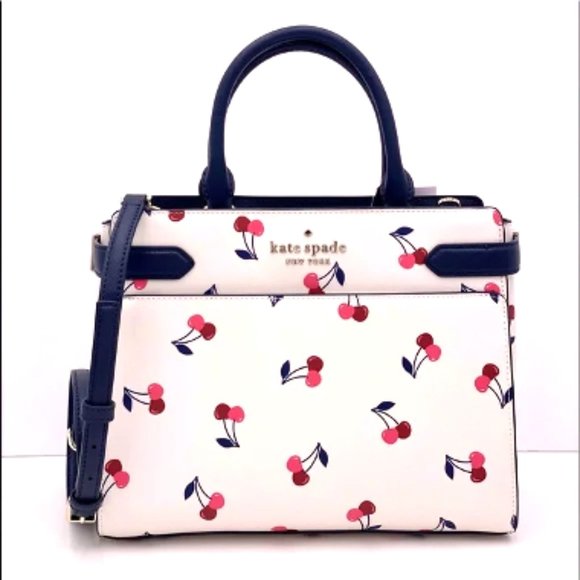 NWT Kate Spade Dancing Cherries Leather Shoulder Bag Crossbody Cream White Blue - Picture 13 of 16